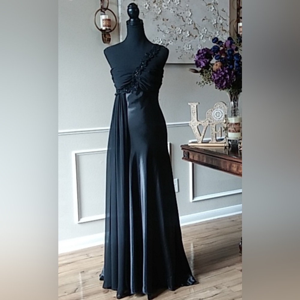 NWOT! Elegant Black Embellished One-Shoulder Evening Gown by Josh & Jazz.
